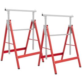 HERON Set of 2 Adjustable Telescopic Builders Trestle, DIY Steel Work Bench Carpenter, Folding Saw Horse Tools Red