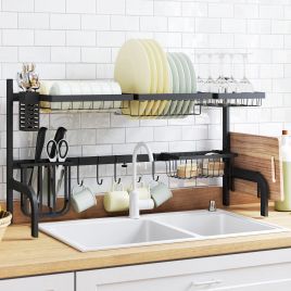 Space Saving 2 Tier Adjustable Dish Drainer Over The Sink Dish Drying Rack, Black