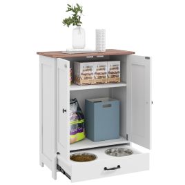 PAWSTER Pet Feeding Station with Raised Dog Bowls, Adjustable Panel, Hooks, Dog Food Storage Cabinet, White