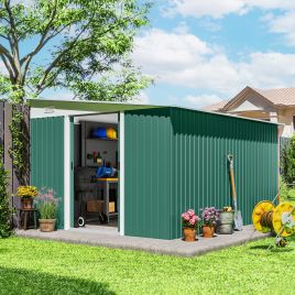 Garden Metal Storage Shed Outdoor Metal Tool House with Double Sliding Doors and 2 Air Vents, 11.3x9.2ft, Green