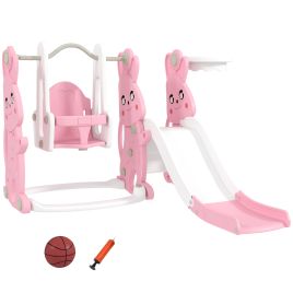 AIVAGO 4 in 1 Kids Slide and Swing Set with Climber, Basketball Hoop, Rabbit-Themed, Pink