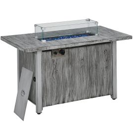 50,000 BTU Gas Fire Pit Table with Cover, Glass Screen and Glass Beads, Grey