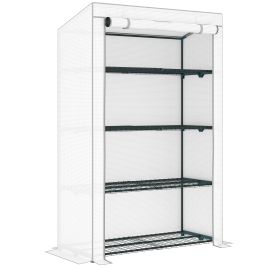 SUNVISTA 4 Tier Lean-to Mini Greenhouse with Reinforced PE Cover, Portable Small Greenhouse with Roll-Up Door, Grey