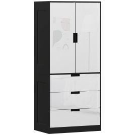 SERENA 2 Door Wardrobe with 3 Drawers Black with Gloss White - 80cm