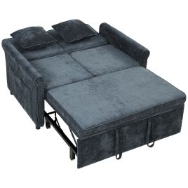 ASPENLEY 2-Seater Chenille Sofa Bed with Adjustable Backrest - Dark Blue