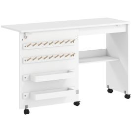 ANCHORBROOK Folding Sewing Table with Storage and Lockable Wheels - White