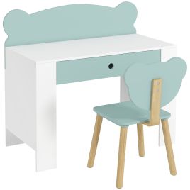 AMBERSIDE Bear-Themed Kids Desk and Chair Set with Drawer - Green