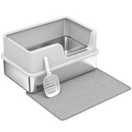 CANVASSIDE XL Stainless Steel Cat Litter Tray with Lid and Scoop - Light Grey