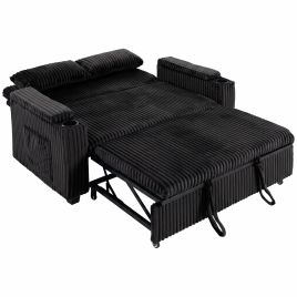 ATLASWOOD 2-Seater Sofa Bed with Storage Armrests and Cup Holders - Black