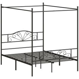 ASPENGATE Double Metal Canopy Bed Frame with Headboard - Black