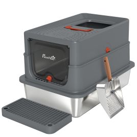 CHASESIDE 90L Stainless Steel Cat Litter Tray with Lid and Step - Dark Grey