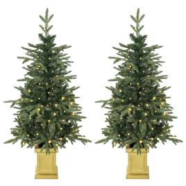 BLOOMPORT Set of 2 4ft Pre-Lit Aspen Fir Christmas Trees with Remote - Green