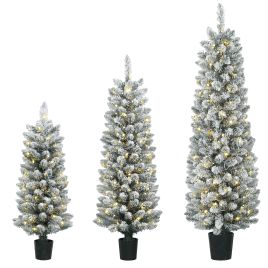 BLAZEFIELD Set of 3 Slim Pre-Lit Snow-Flocked Christmas Trees, 35ft