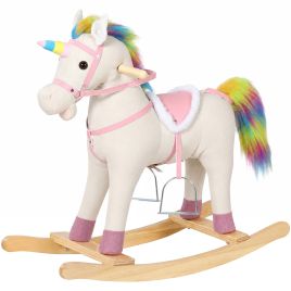 ASPENBROOK Unicorn Rocking Horse with Sounds and Wooden Base - Cream White