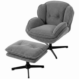 CEDARWELL 360° Swivel Chenille Accent Chair with Adjustable Footstool - Grey