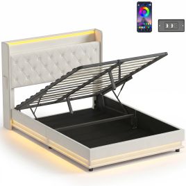 COMETLEY 4ft6 Double Bed Frame with Hydraulic Storage, LED Lights and Charging - Cream