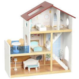 CORTHAM Wooden Kids Dollhouse, 3-Storey, 5 Rooms and 11 Accessories
