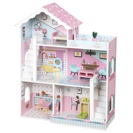 COVEBRIDGE Wooden Kids Dollhouse, 3-Storey, 10 Accessories - Pink