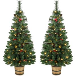BLAZEWORTH Set of 2 Pre-Lit Christmas Trees with Dual-Colour LEDs - Green