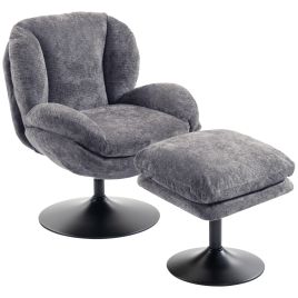COVEPOINT Chenille Lazy Chair with Ottoman, 360° Swivel - Dark Grey