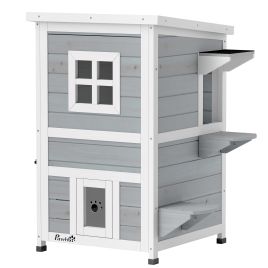AURAPORT 2-Storey Wooden Outdoor Cat House with 3 Doors - Grey