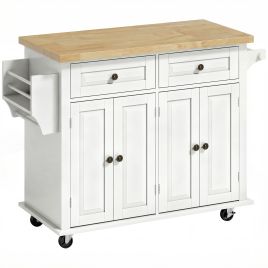 BLOOMHILL Rolling Kitchen Island with Rubberwood Top and 2 Drawers - Cream White