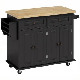 BLOOMHILL Rolling Kitchen Island with Rubberwood Top and 2 Drawers - Black