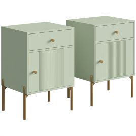 BIRCHPORT Set of 2 Bedside Tables with Drawer and Metal Legs - Light Green