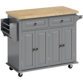 BLOOMHILL Rolling Kitchen Island with Rubberwood Top and 2 Drawers - Grey