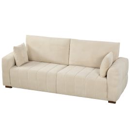CANVASWELL 3-Seater Velvet Sofa with Cushions and Wood Legs - Cream White
