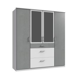 COMODO 4 Door Mirrored Wardrobe with 3 Drawers White and Grey - 180cm