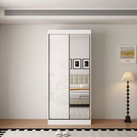 OCEANIC 2 Door Mirrored Sliding Wardrobe Gloss White - 100cm