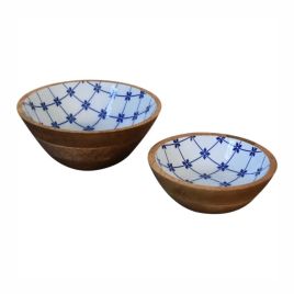 Mango Wood Blue and White Bowl Set of 2