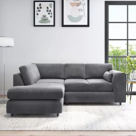 DELANO Plush Velvet 4 Seater L Shaped Fullback Corner Sofa - Dark Grey, Left Hand Facing