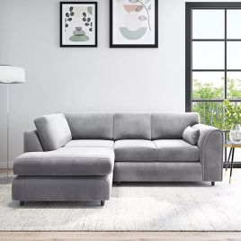 DELANO Plush Velvet 4 Seater L Shaped Fullback Corner Sofa - Light Grey, Left Hand Facing