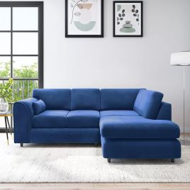 DELANO Plush Velvet 4 Seater L Shaped Fullback Corner Sofa - Midnight Blue, Right Hand Facing