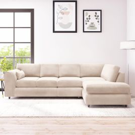 DELANO Plush Velvet Large 5 Seater L Shaped Fullback Corner Sofa - Cream, Right Hand Facing