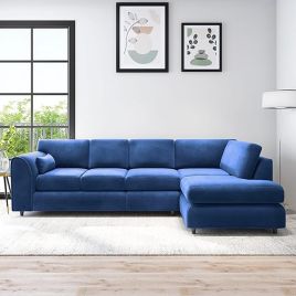DELANO Plush Velvet Large 5 Seater L Shaped Fullback Corner Sofa - Midnight Blue, Right Hand Facing
