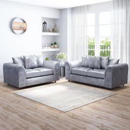 VELOURA Crush Velvet  3 and 2 Seater Scatterback Sofa Set - Silver