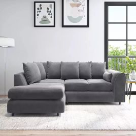 DELANO Plush Velvet 4 Seater L Shaped Scatterback Corner Sofa - Dark Grey, Left Hand Facing