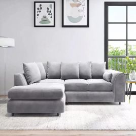 DELANO Plush Velvet 4 Seater L Shaped Scatterback Corner Sofa - Light Grey, Left Hand Facing