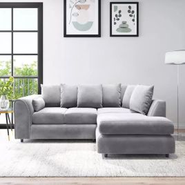 DELANO Plush Velvet 4 Seater L Shaped Scatterback Corner Sofa - Light Grey, Right Hand Facing