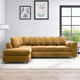 DELANO Plush Velvet Large 5 Seater L Shaped Scatterback Corner Sofa - Mustard, Left Hand Facing