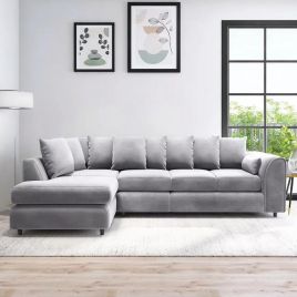 DELANO Plush Velvet Large 5 Seater L Shaped Scatterback Corner Sofa - Light Grey, Left Hand Facing