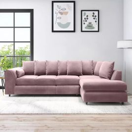 DELANO Plush Velvet Large 5 Seater L Shaped Scatterback Corner Sofa - Pink, Right Hand Facing