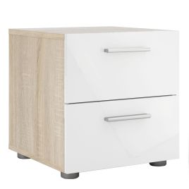 Bedside Table - PEPE 2 Drawer Nightstand Oak with White High Gloss 40cm