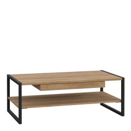 Broxtowe Matt Black Metal Frame Coffee Table with Drawer - Riviera Oak