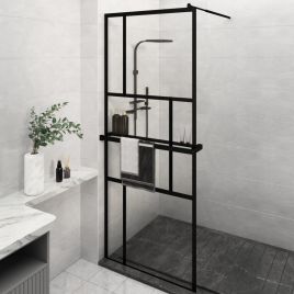Walk-in Shower Wall with Shelf Black 80x195cm ESG Glass and Aluminium