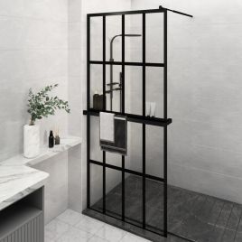 Walk-in Shower Wall with Shelf Black 90x195cm ESG Glass and Aluminium