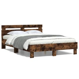 Bed Frame with Headboard and LED Smoked Oak 120x190 cm Small Double